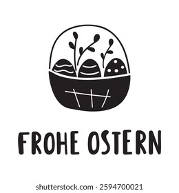 Basket full of eggs. Silhouette design. Frohe Ostern. Happy Easter in German. Vector badge. Illustration on white background.