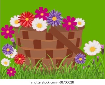 Basket full of flowers on grass