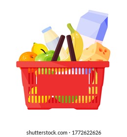 Basket full of food. Oranges, apples, lemons, milk, juice, yoghurt, banana and cheese. Cartoon vector design element isolated. Market icon
