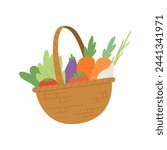 Basket with full of fresh vegetables isolate on white background. Concept of organic vegetable, farm, veggie, harvesting in garden, fresh market, healthy lifestyle. Flat vector illustration.