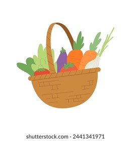 Basket with full of fresh vegetables isolate on white background. Concept of organic vegetable, farm, veggie, harvesting in garden, fresh market, healthy lifestyle. Flat vector illustration.