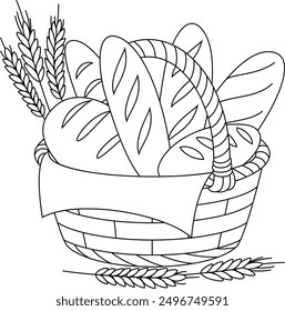 Basket full of freshly baked bread outline coloring page. Thanksgiving hand drawn colouring 