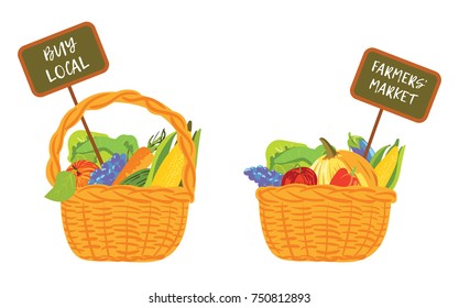 Basket full of fruit and vegetables, autumn harvest, Buy local and Farmer market on chalk board, vector illustration