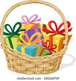Basket Full Of Gift Isolated On White - Vector Illustration