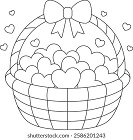 A basket full of heart -shaped, Valentine's coloring page 
