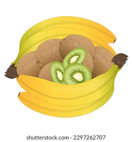 A basket full of kiwis - whole and sliced, bordered by bananas