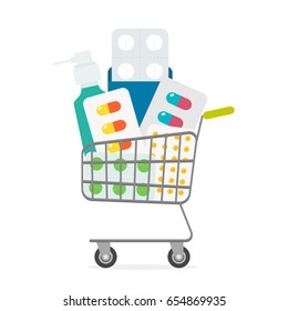 A basket full of medicines. The concept of an online pharmacy. Vector illustration isolated