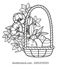 Basket  full of painted Easter eggs with tulip and narcissus flowers outlined for coloring on a white background. Image produced without the use of any form of AI software at any stage