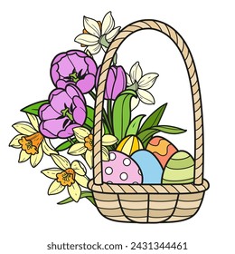 Canasta llena de huevos de Pascua pintados con flores de tulipán y narciso variación de color sobre un fondo blanco. Imagen producida sin el uso de ningún tipo de software de IA en ninguna etapa