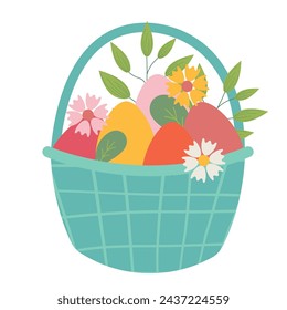 Basket full of painted Easter eggs isolated on white background. Trendy Easter design. Easter egg hunt concept. Flat vector illustration for poster, icon, card, logo, label. sstkEaster