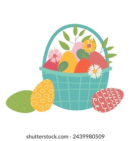 Basket full of painted Easter eggs isolated on white background. Trendy Easter design. Easter egg hunt concept. Flat vector illustration for poster, icon, card, logo, label