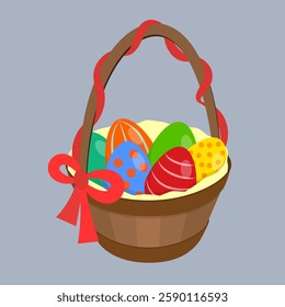 Basket full of painted Easter eggs color variation on a grey background. Flat cartoon vector illustration.