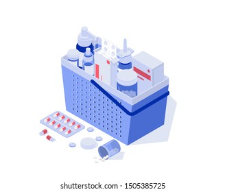 A basket full of pills, capsules blisters, glass bottles, plastic tubes. The concept of an online pharmacy. Isometric vector illustration.