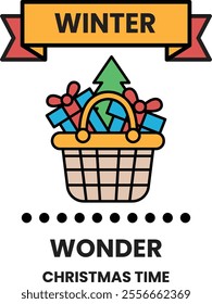 A basket full of presents with a banner that says Winter Wonder Christmas Time. The basket is filled with gifts and a green tree