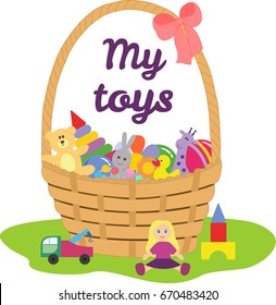 Basket full of toys with ball, rubber duck, stacking rings, rattle, doll, cubes, for kids children playing activity vector illustration. Good for book illustration and web site graphics.