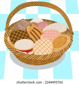 Basket full of traditional mexican bakery like conchas, besos, puerquito or mazapanes.