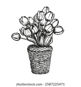 Basket full of tulips flowers sketch outline illustration. Tulip flowers spring doodle drawing in engraving style. Hand drawn vector line art clipart