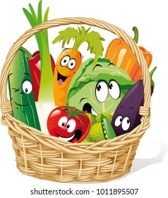 Basket full of vegetable character cartoon - funny vector design
