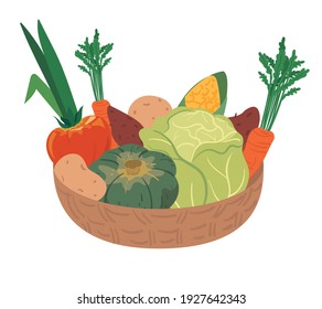 Basket full of vegetables. Eco wellness food illustration.