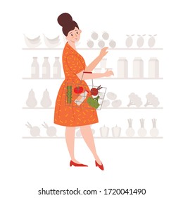Сute womаn with basket full of vegetables in grocery store. 
Girl making a choice of goods in a supermarket.
Vector illustration in a flat cartoon style on a white background.