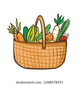 Basket full of vegetables vector illustration outlined isolated on square white background. Textured simple flat cartoon art styled drawing.