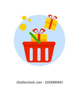Basket with gift boxes isolated on white background. E-commerce, shopping vector Flat Icon