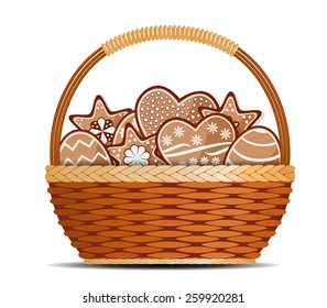 Basket with ginger cakes into white background