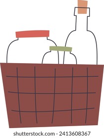 Basket With Glass Jars Vector Illustration