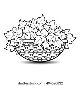 basket of grape leaves in black & white-vector drawing