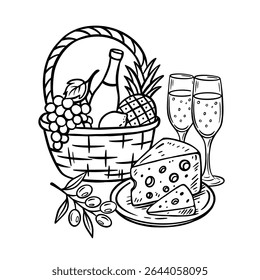 basket of grapes, pineapple, lemon, wine bottle, two glasses of champagne, Swiss cheese, olives, and a plate. Italian still life, food in minimalist style, line art. Black and white