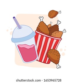 Basket grill and drink. Vector color illustration. Fast food combo. Grilled legs.