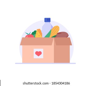 Basket of groceries for charity. Concept of help, social care, volunteering, support for poor people, food donation, charity. Cartoon flat vector illustration for web banner