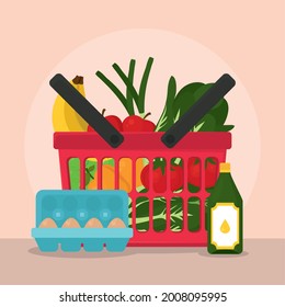 basket with groceries and vegetables