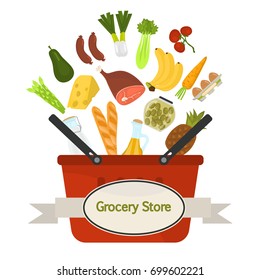 Basket with grocery products color illustration for web and mobile design