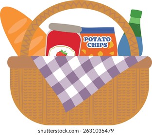 basket or hampers of food and beverage for picnic supply. Spring and summer theme clip art illustration vector element. 