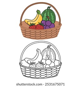 basket with harvest outline coloring book page line art drawing