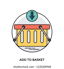 
A basket having downward arrow graphic above depicts the idea of add to basket, online shopping 
