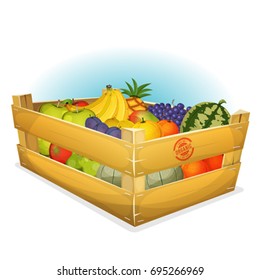 Basket Of Healthy Organic Fruits/
Illustration of a cartoon wood crate with a set of summer organic fruits, including apples, watermelon, oranges, grapes, pineapple, plums, bananas and mango