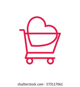 basket with heart thin line red icon on white background, happy valentine day