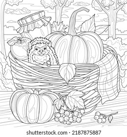 Cesta con hedgehog y calabazas.Cosecha otoñal.Antiestrés libro coloreado para niños y adultos. Ilustración aislada sobre fondo blanco. Estilo zenano-margino. Dibujo manual