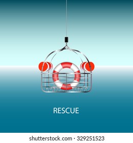 Basket for helicopter rescue. Lifebuoy. To rescue people in the water. Vector illustration.