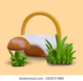 Basket with high handle, covered with white napkin, mushroom, green grass