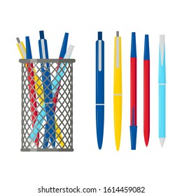 Basket holder with pen. Organizer Multi-colored pens. Vector.