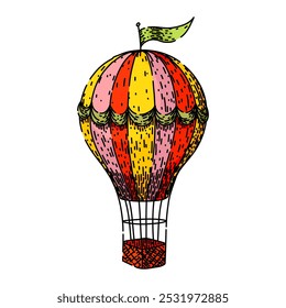 basket hot air balloon hand drawn. altitude sunrise, sunset scenic, festival ride basket hot air balloon vector sketch. isolated color illustration