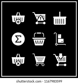 basket icon. 9 basket vector set. shopping cart, shopping basket, the sum of and trolley icons for web and design about basket theme