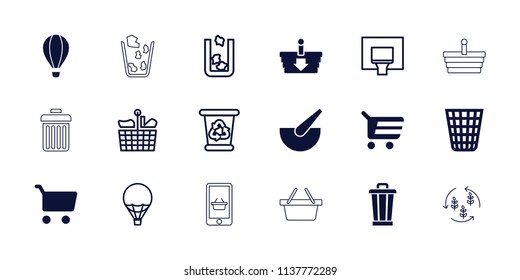 Basket icon. collection of 18 basket filled and outline icons such as shopping cart, trash bin, recycle bin, shopping bag. editable basket icons for web and mobile.