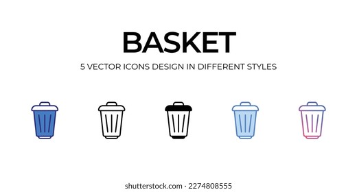 basket Icon Design in Five style with Editable Stroke. Line, Solid, Flat Line, Duo Tone Color, and Color Gradient Line. Suitable for Web Page, Mobile App, UI, UX and GUI design.