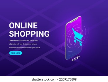 Basket icon floating from mobile screen on purple-blue background. isometric style