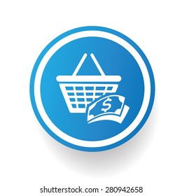 Basket icon on blue button,white background,clean vector