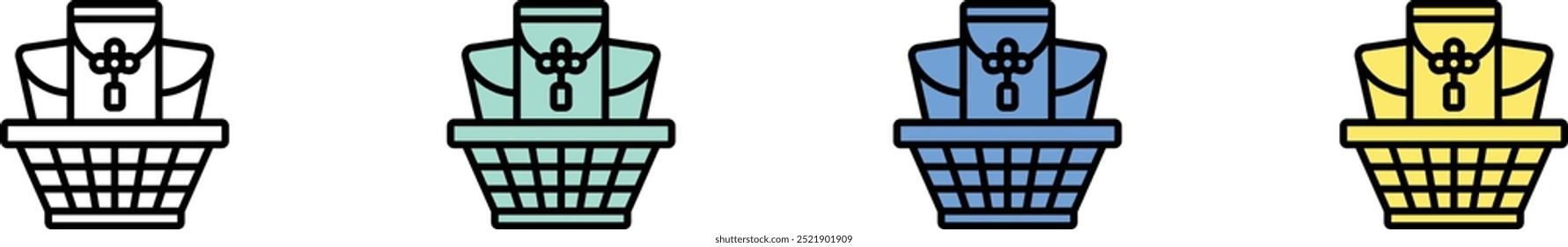 icono de cesta. Esquema, diseño de estilo verde, azul y amarillo aislado sobre fondo blanco